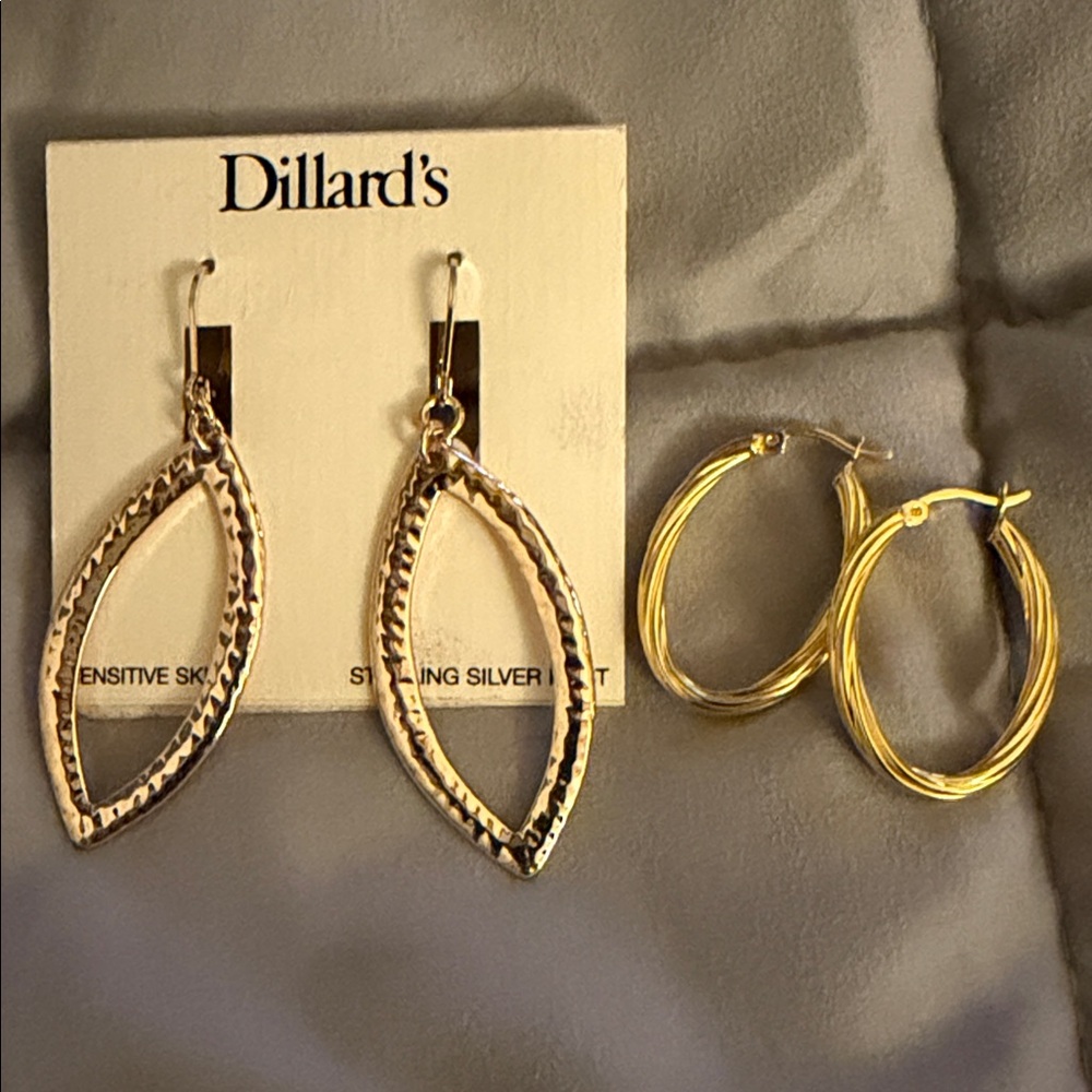 Gold-Tone Open Marquise Drop Earrings - Gold -Tone Twisted Hoops   Sold as a set
